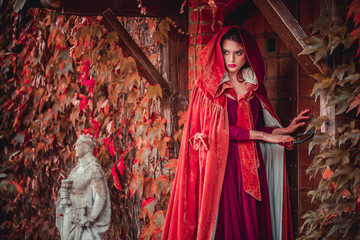 Beautiful girl in a burgundy coat and red dress open door in castle