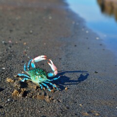 Colourful blue crab toy on a beach © Alex Stemmer