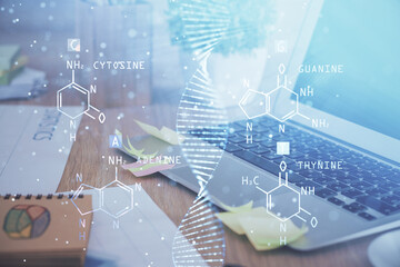 Desktop computer background and DNA drawing. Double exposure. Science concept.