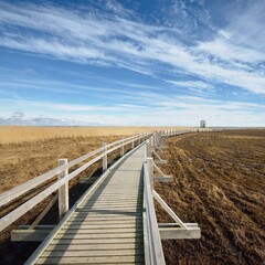 Wooden walkway through a swamp area.