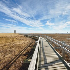 Wooden walkway through a swamp area.