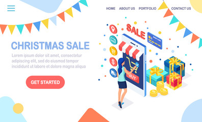 Online shopping concept. Woman buy in retail shop by internet. Discount christmas sale. 3d isometric mobile phone, smartphone with money, credit card, gift box, bag, package. Vector design for banner