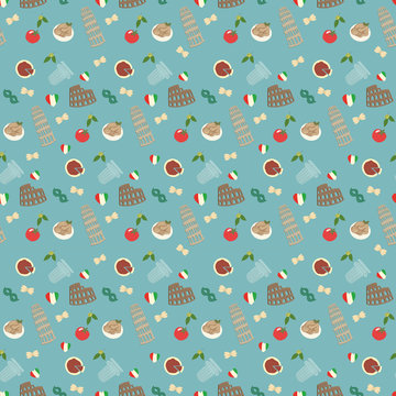 Seamless cartoon pattern about Italy with pizza and tomato, architecture and pasta