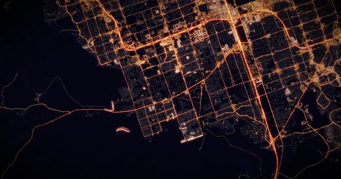 Aerial night view of city of Las Vegas, Nevada, USA. Traffic and street light glowing. Camera flying high above, moving around city from space filming cinematic straight down. 3d animation rendering.