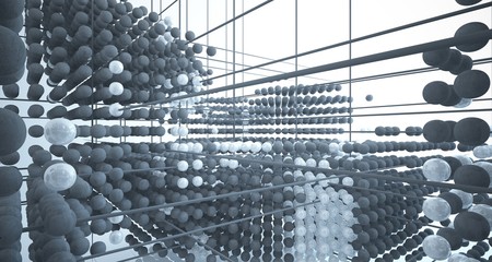 Abstract architectural concrete  interior  from an array of spheres with large windows. 3D illustration and rendering.