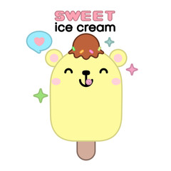 Cute cartoon ice cream with bear In kawaii style with smiling face and pink cheeks. For sweet design. Vector illustration.