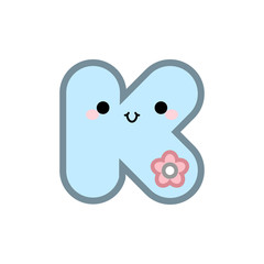 Cute cartoon letter K smiling face with eyes and mouth on white background. Cute ABC design for book cover, poster, card, print on baby's clothes, pillow etc. Vector illustration