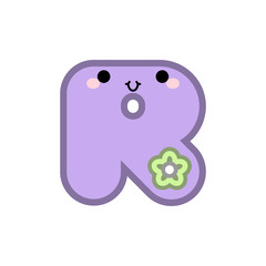 Cute cartoon letter R smiling face with eyes and mouth on white background. Cute ABC design for book cover, poster, card, print on baby's clothes, pillow etc. Vector illustration