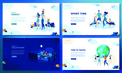 Obraz na płótnie Canvas Trendy flat illustration. Set of web page concepts. Happy family. Sport time. Family television. Time to travel. Template for your design works. Vector graphics.