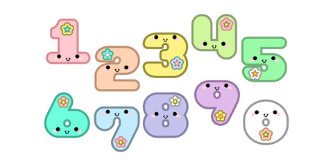 Cute cartoon numbers set smiling face with eyes and mouth  isolated on white background. Vector illustration.