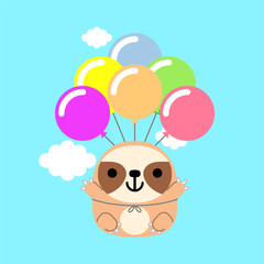 Cute cartoon sloth with colorful balloons. birthday card design. children's illustration