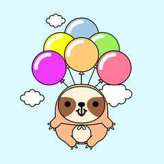 Cute cartoon sloth with colorful balloons. birthday card design. children's illustration