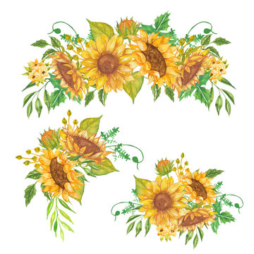 set of floral arrangement watercolor sunflower yellow