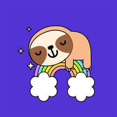 Dreaming funny sloth sleeping on the rainbow. Cute animal for design and print. Vector illustration.