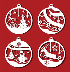 Fototapeta na wymiar Christmas ball set. Deer, snowman in Christmas ball for laser cuttinng. Monochrime ornamental simple drawing
