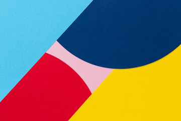 Texture background of fashion papers in memphis geometry style. Yellow, blue, light blue, red and pastel pink colors.