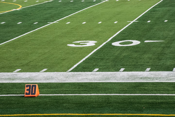 View of 30 yard line markings on American football field