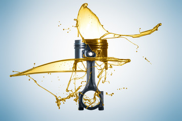 Piston and connecting rod are thrown with oil. Engine oil concept - Oil Splash - obrazy, fototapety, plakaty
