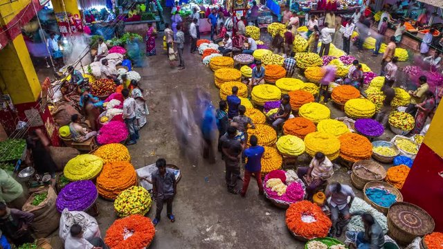Busy day at Bangalore's KR flowers market time lapse