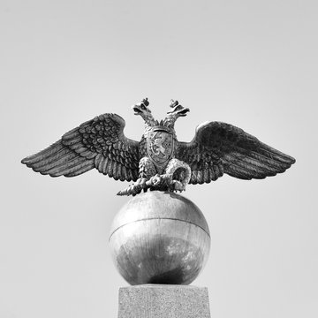 Black and white image of two-headed Russian eagle architectural detail