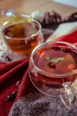 Dried rose-hip berries and rosehip tea on the rustic table. In a glass cups tea of rosehip and leaves mint. Medicinal plants and herbs composition. Autumn and winter season background. Close up