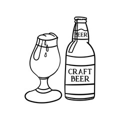 Beer bottle with mug icon or sign. A glass of beer with white foam atop. Vector illustration. Restaurant or bar design.