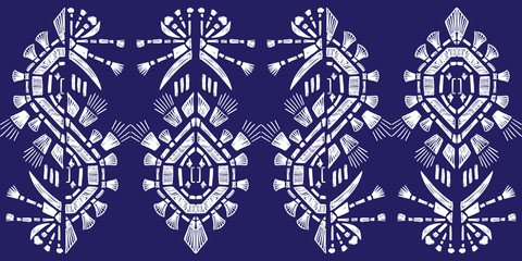 Drapery ikat navajo motif etnic white tribal ornamentalpattern on blue background. Surface background design for cotton fashion. Textile fabric ornament future rug.