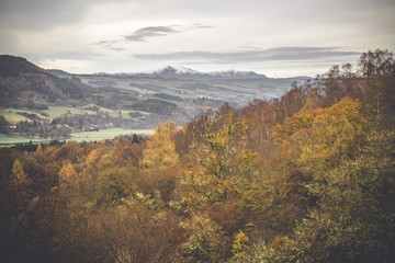 Viewscape of the forest and snowy mountains, Birks of Aberfeldy, Scotland.