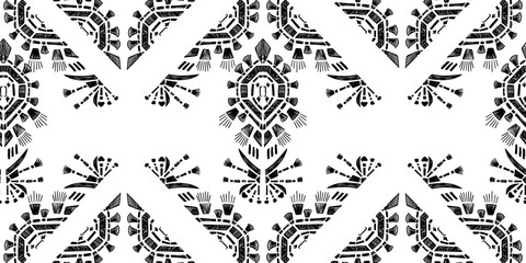 Ikat pattern etnic indian ornamental black and white illustration. Navajo motif texture ornate  design for surface print. - obrazy, fototapety, plakaty