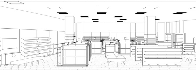 shopping mall, contour visualization, 3D illustration, sketch, outline