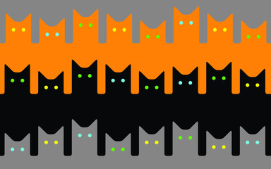 Simple cats silhouettes with eyes. Geometric pets - black, gray and orange. Animal seamless background. 