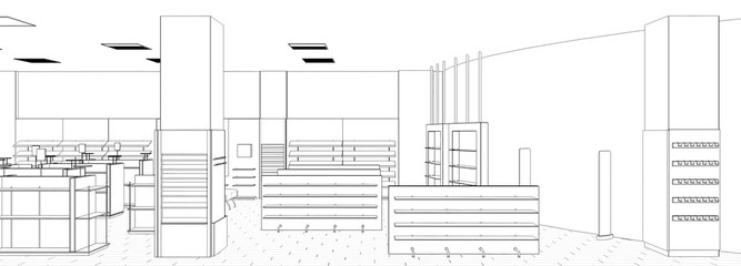 shopping mall, contour visualization, 3D illustration, sketch, outline