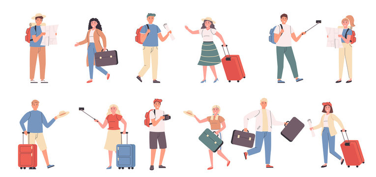 Tourists, male and female travelers flat vector illustrations set. Travelling, excursion, sightseeing, route choice. People with luggage cartoon characters bundle isolated on white background