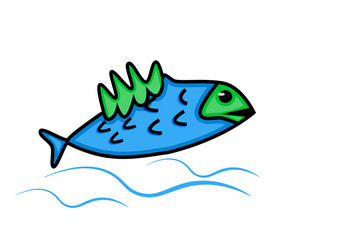 Fish icon with waves isolated on white background.  Creative symbol of fishing club or online shop. Fresh fish logo design template. Seafood restaurant logotype concept icon. Stock vector illustration