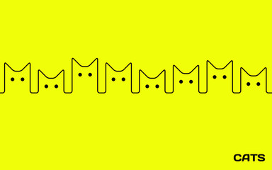 Simple black cats silhouettes with eyes on yellow. Animal geometric background. 