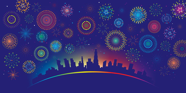 Vector illustration of a festive colorful fireworks display over the city at night scene for holiday and celebration background design.