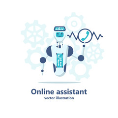 Chatbot online assistant. Robot call center receives call. Automatic web sait assistant. Bot talk on phone or chat. Vector illustration flat design. Isolated on white background. Technical assistance.