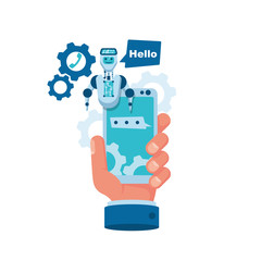 Chatbot from technical support. Smartphone holding in hand. Modern banner for the web site. Chatbot, artificial intelligence, customer support, hotline with bot. Vector illustration flat design.