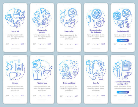 Keto diet blue onboarding mobile app page screen template. Healthy nutrition. Ketogenic eating, meal. Low carb food. Walkthrough website steps with linear icons. UX, UI, GUI smartphone interface