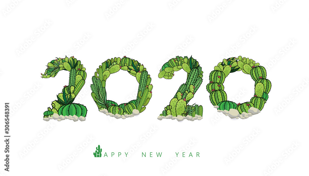 Fototapete vector happy new year 2020 text design with cactus letters concept isolated on white background.