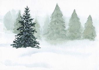 Fototapeta premium Winter forest on a snow day. Watercolor hand drawn painting, good for Christmas end new year decoration with copy space.