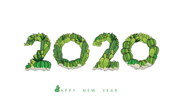 Vector Happy New Year 2020 Text Design With Cactus Letters Concept Isolated On White Background.