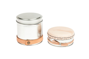 Metal container with lid, for multiple use; Photo on white background.