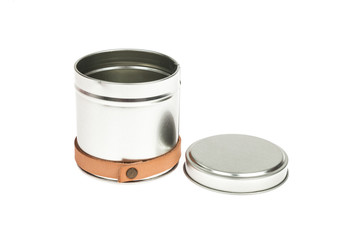 Metal container with lid, for multiple use; Photo on white background.
