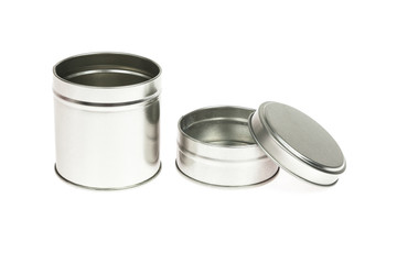 Metal container with lid, for multiple use; Photo on white background.