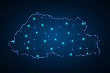 Map of Bhutan from Polygonal wire frame low poly mesh, contours network line, luminous space stars, design sphere, dot and structure. Vector Illustration EPS10. - Vector