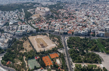 Fototapeta na wymiar Aerial drone shot of Acropolis of Athens, Olympion Zeus temple, national garden and museum, Olympion Zeus temple, national garden and museum