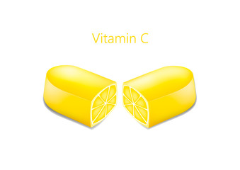 two halves of a pill with an lemon in a cut, vitamin c concept, horizontal vector illustration isolated on a white background