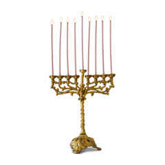 religion image of jewish holiday Hanukkah with brass gold menorah (traditional candelabra) and candles isolated over white background
