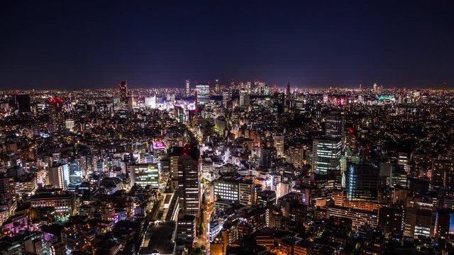 High angle view of Ebisu district in Tokyo, Japan time lapse at night